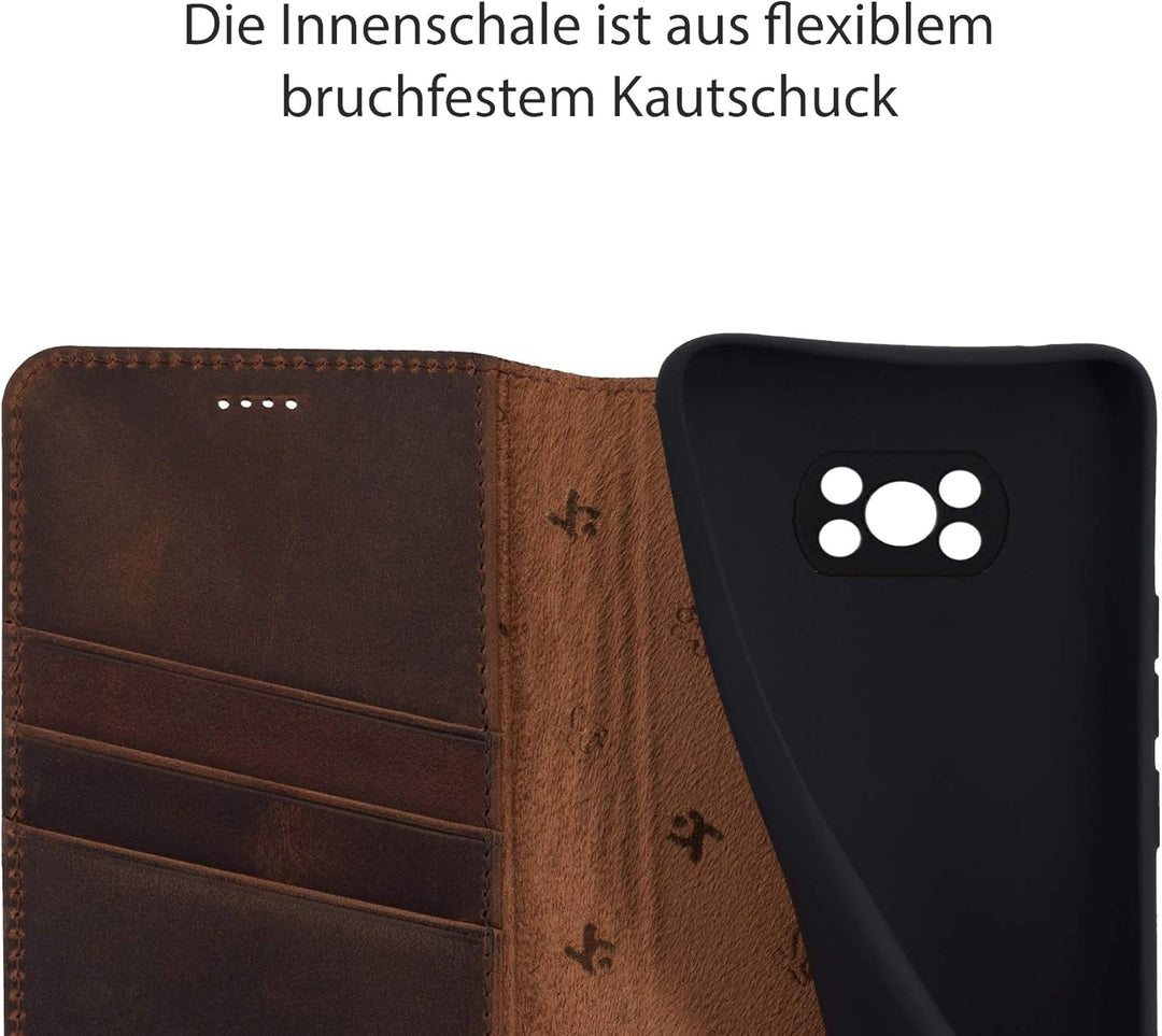 Suncase Book-Style Hülle kompatibel mit Xiaomi Poco X3 NFC Leder Tasche (Slim-Fit) Lederhülle Handyt
