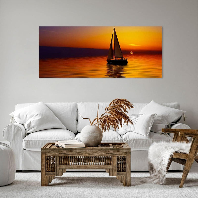 Wandbilder Dekoration Wohnzimmer Boot Sonnenuntergang Landschaft Panorama Bilder auf Leinwand 120x50