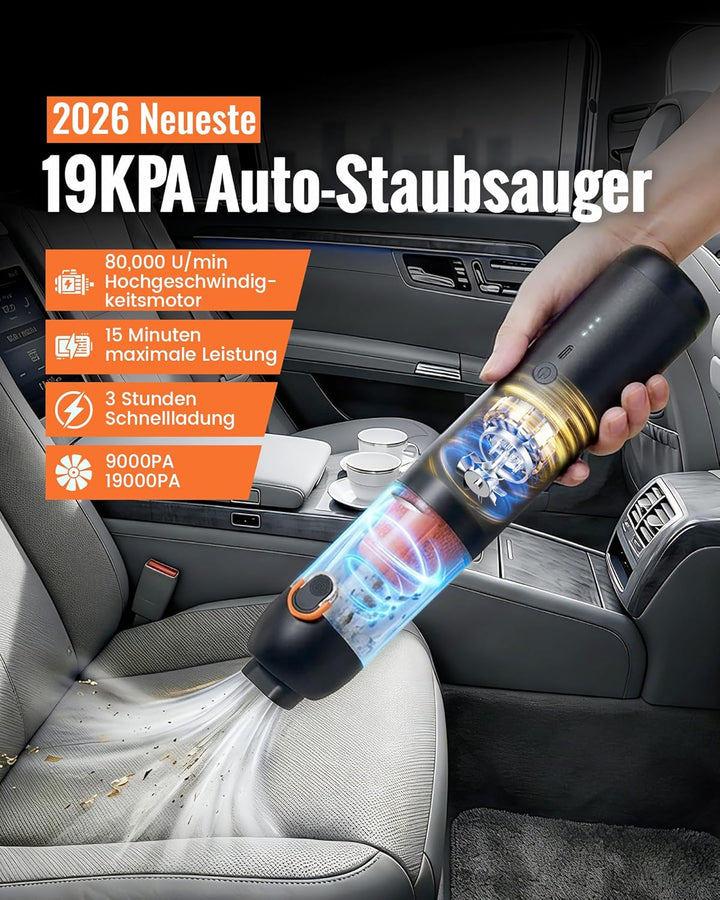 Handstaubsauger Akku, 4-in-1 Tragbarer Mini Kabelloser Auto Staubsauger mit 19.000 Pa Saugkraft, Lei