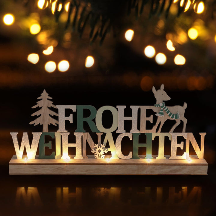COM-FOUR® LED Deko Aufsteller aus Holz - beleuchteter Schriftzug auf Holzsockel - Deko-Schriftzug zu