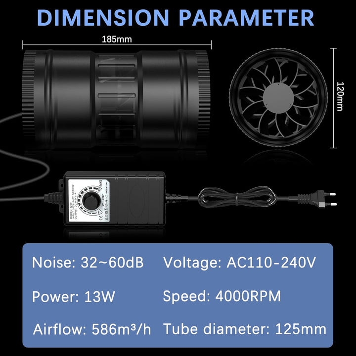 Regelbar Rohrventilator 125mm, Rohrlüfter 586m³/h, Abluftventilator für Wintergarten Growzelte Kelle