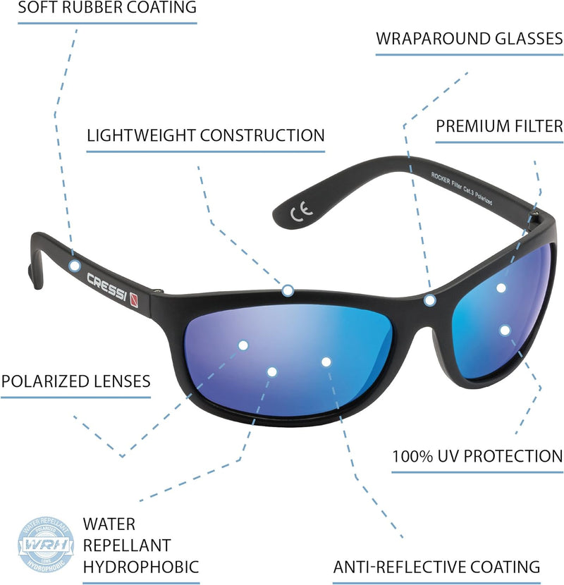 Cressi Unisex Erwachsene Rocker Sonnenbrille Für Sport Schwarz/Verspiegelt Linsen Blau Ultra Flex, S