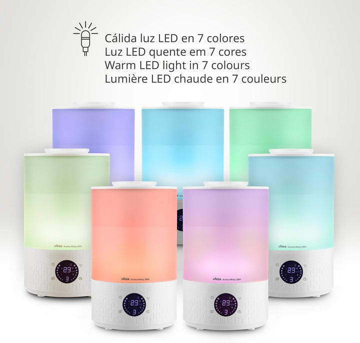 Ufesa Aroma Misty 2800 Luftbefeuchter 200ml/h, Ultra Silent, Aromatische Öle, 35m2, Digital, Timer,