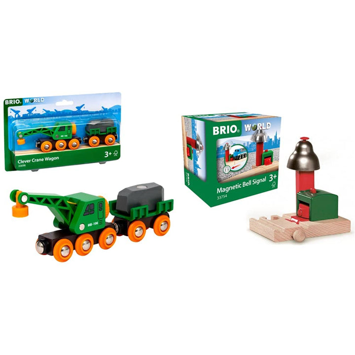 BRIO 33698 - Grüner Kranwagen mit Anhänger und Fracht & World 33754 Magnetisches Glockensignal - Eis