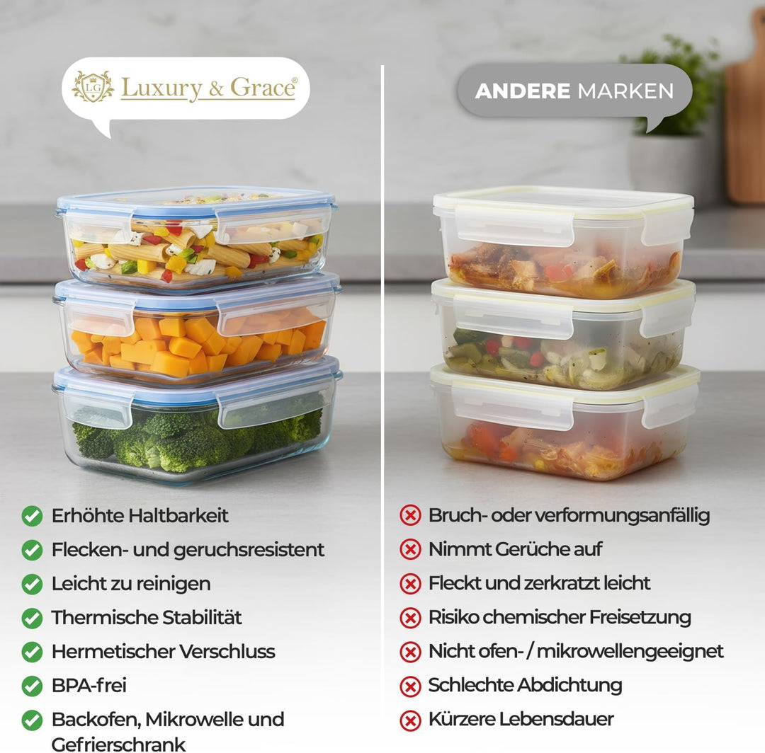 LG Luxury & Grace 4er Packung Glas Frischhaltedosen 600 ml. Luftdicht. Geeignet für Mikrowelle, Ofen