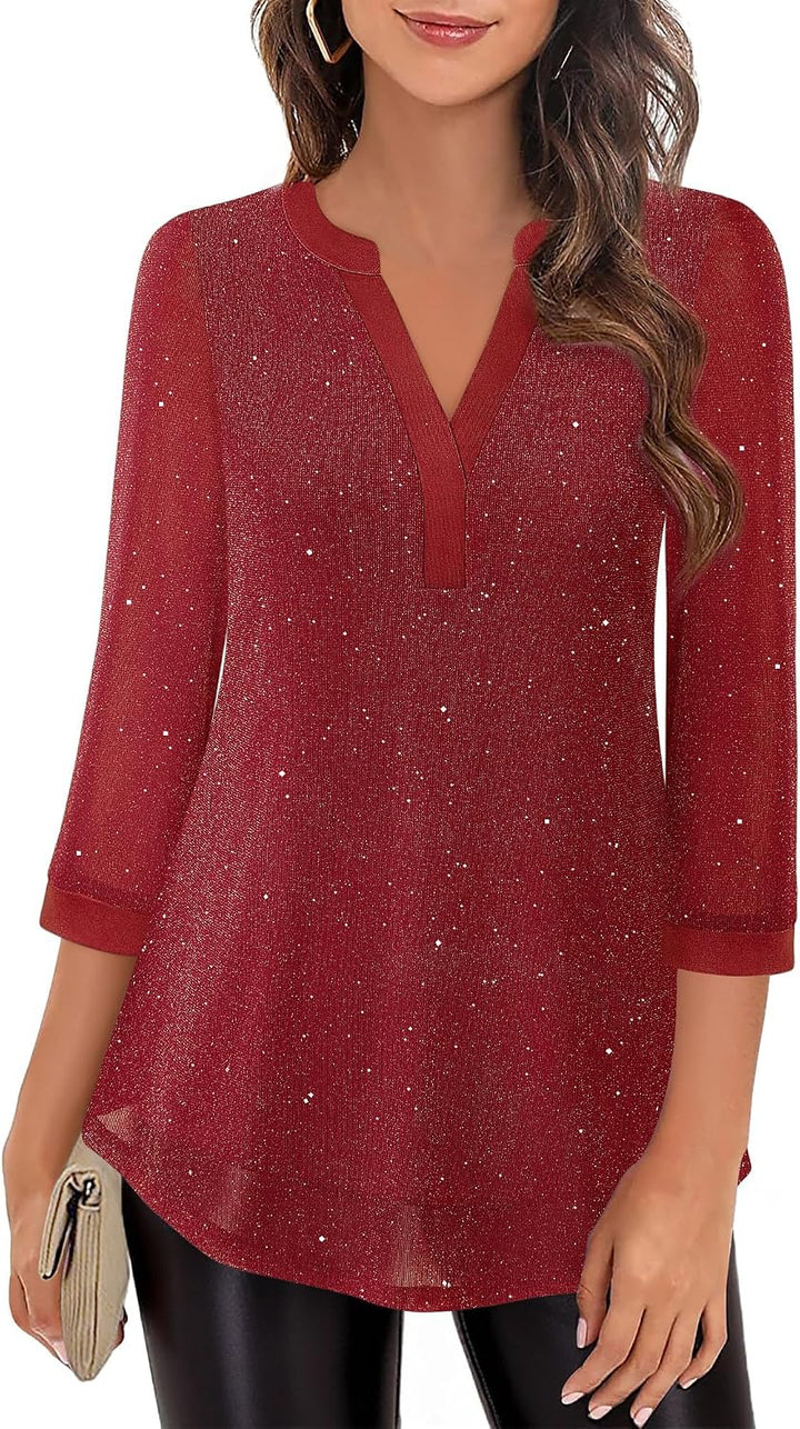 Vafoly Damen 3/4 Ärmel Oberteil Henley V-Ausschnitt Hemden doppellagig Mesh Bluse Tuniken L Blinken