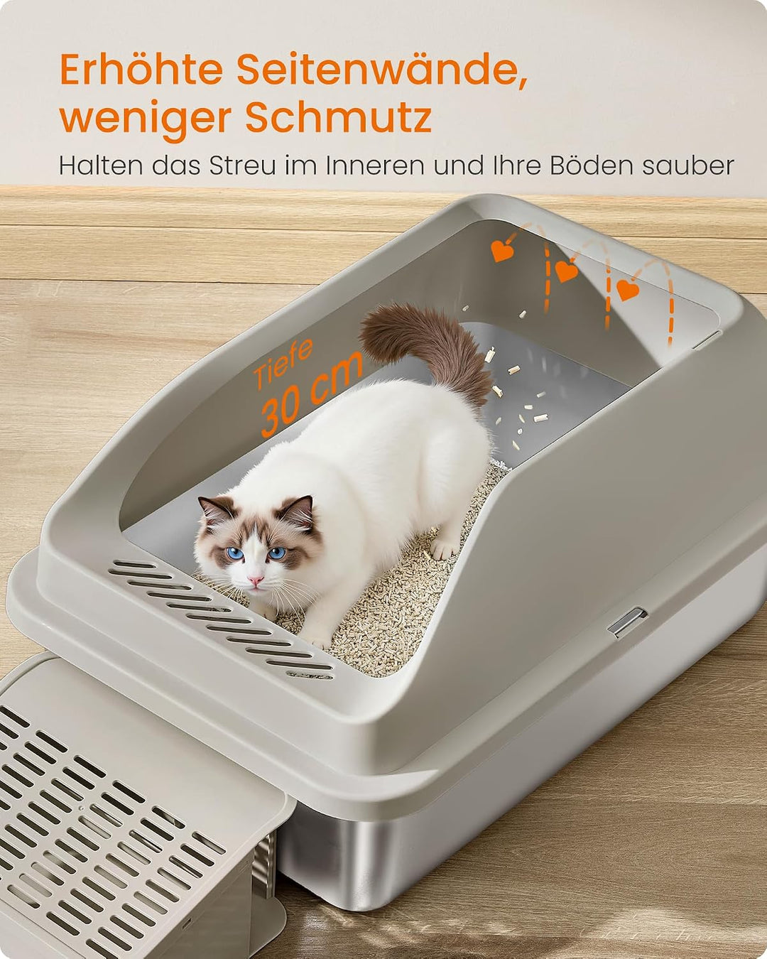 Feandrea Katzenklo Edelstahl XXL, Offene Katzentoilette mit Hohem Rand und Treppe, Geruchsneutral, m