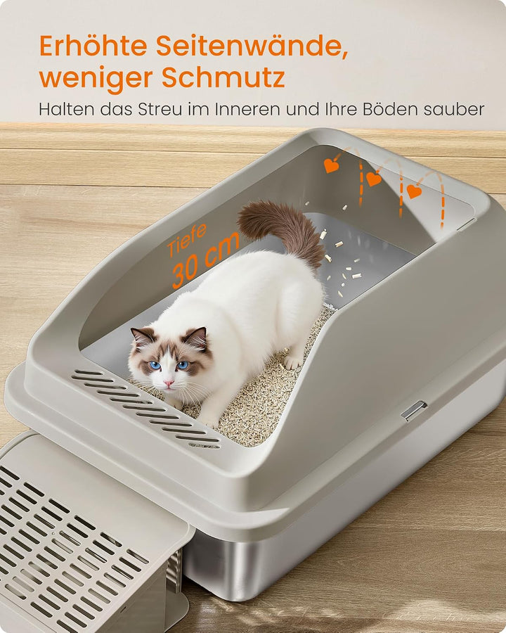 Feandrea Katzenklo Edelstahl XXL, Offene Katzentoilette mit Hohem Rand und Treppe, Geruchsneutral, m