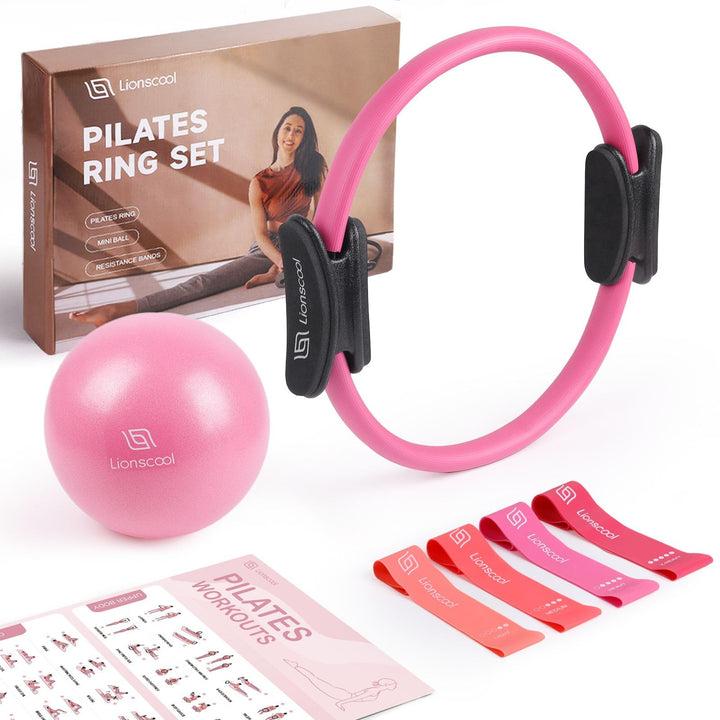 LIONSCOOL Pilates-Ring-Set – 14“/35cm Magic Circle mit Doppelgriffen – Inkl. platzfestem Miniball, W