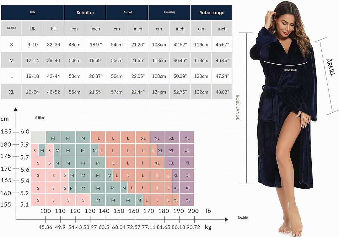 Vlazom Damen Winter Bademantel Flanell mit Kapuze Langärme Morgenmantel Saunamantel Flauschiger Robe