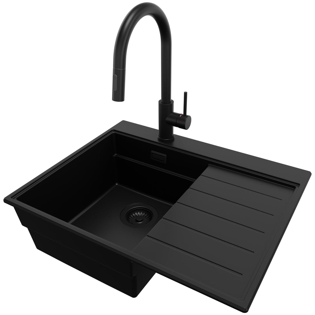PRIMAGRAN Granitspüle Alles Schwarz 62x50cm, Spülbecken 1 Becken + Küchenarmatur 40x20cm + Ablauf-Se