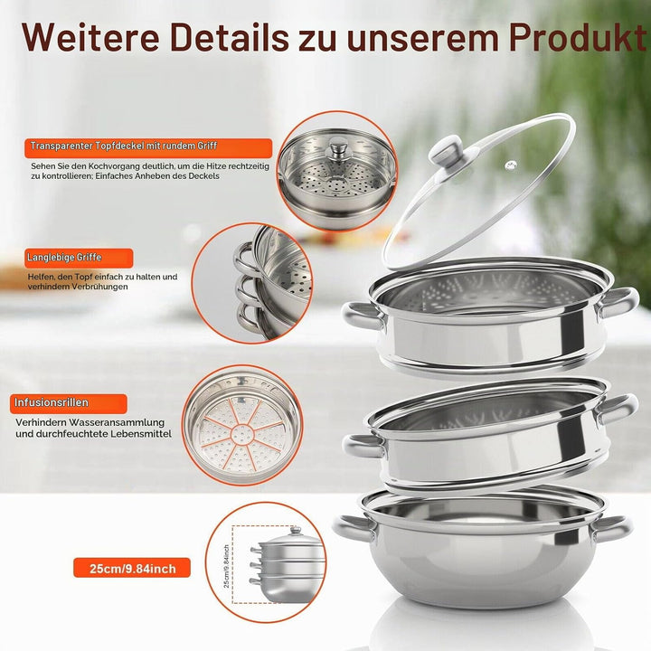 Edelstahl Dampfgarer Dampfkocher Dampfkochtopf Kochtopf Set + Glasdeckel Mit Dampf GemüSe Und Kartof