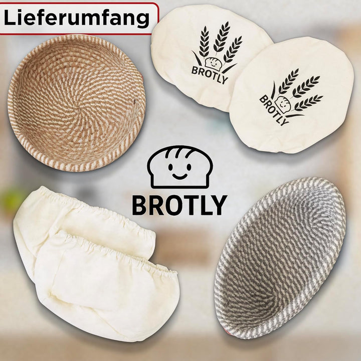 BROTLY - Gärkörbchen Set – Baumwolle rund & oval, lebensmittelecht TÜV geprüft, inkl. gratis Rezept