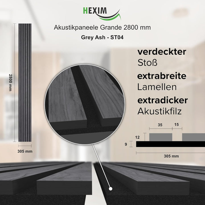 HEXIM Akustikpaneele 4 Stück 280x30cm Holz Grande - XXL Wandpaneele Platten Lamellen Holzpaneele Ech