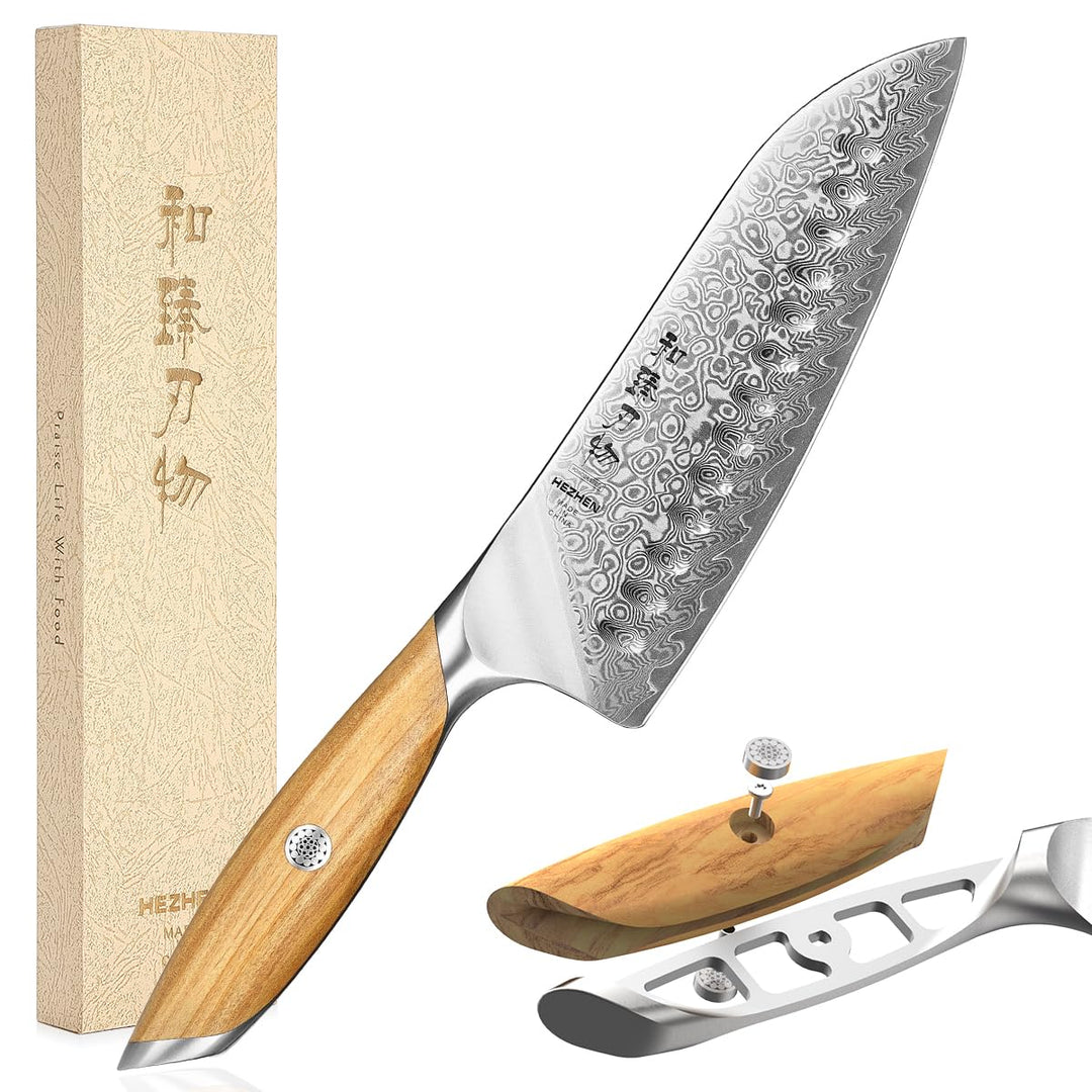 HEZHEN Damast Santokumesser Kochmesser 73 Schichten Damastmesser Küchenmesser mit Olivenholz Griff,