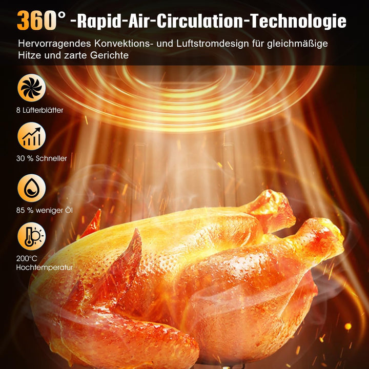 Heissluftfritteuse 6L XXL Airfryer mit 8 Programmen, LED-Touch-Display, 1200W ölfreier Heissluftfrit