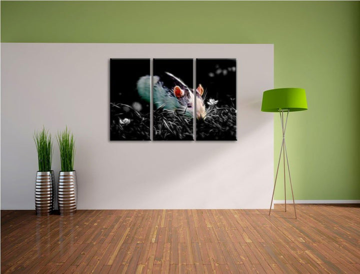 Dark kleine Maus auf Blumenwiese schwarz/weiss Deluxe 3-Teiler Leinwandbild 120x80 Bild auf Leinwand