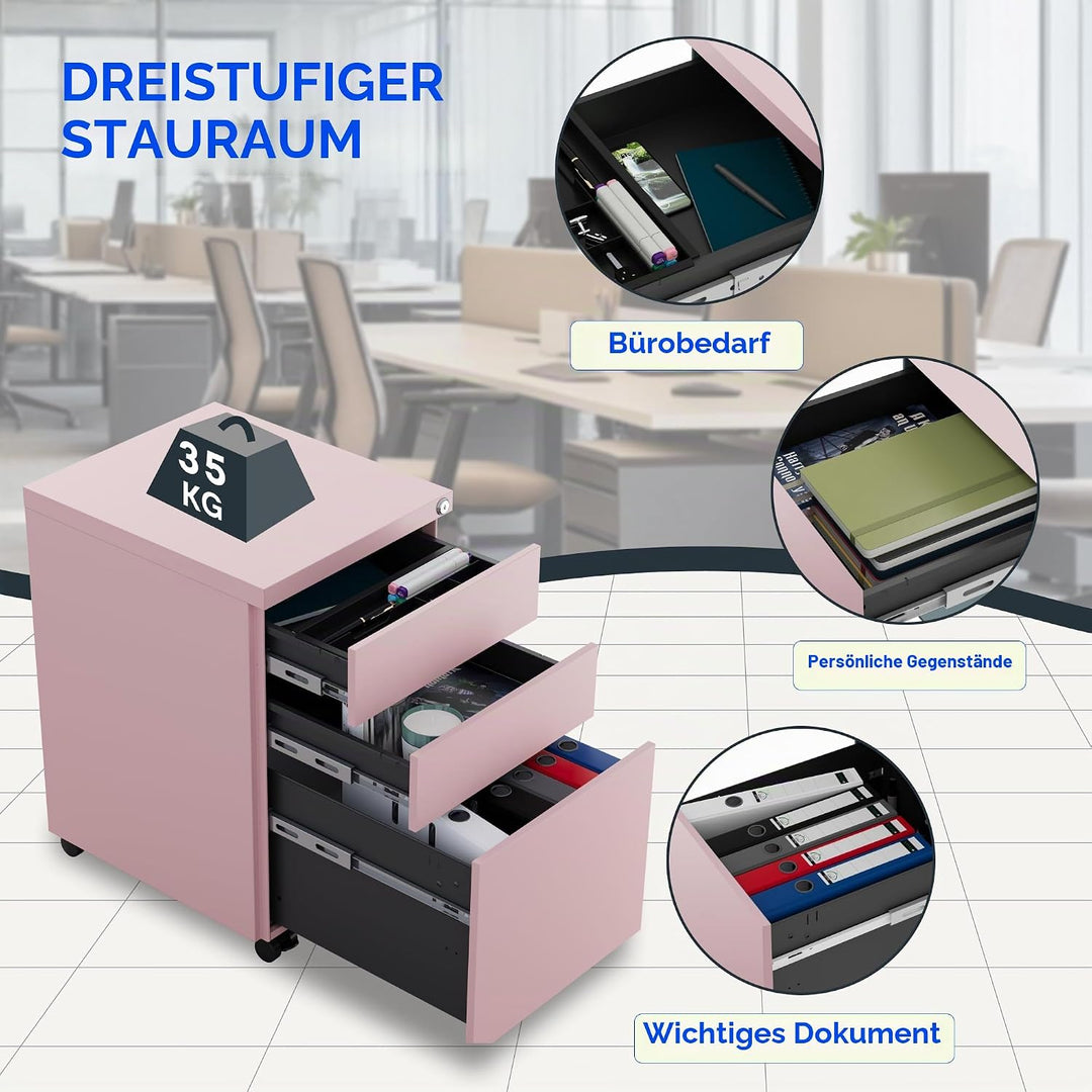 FLEXISPOT Rollcontainer kleiner Schrank mit 3 Schubladen, mobiler Aktenschrank mit Rollen, abschlies