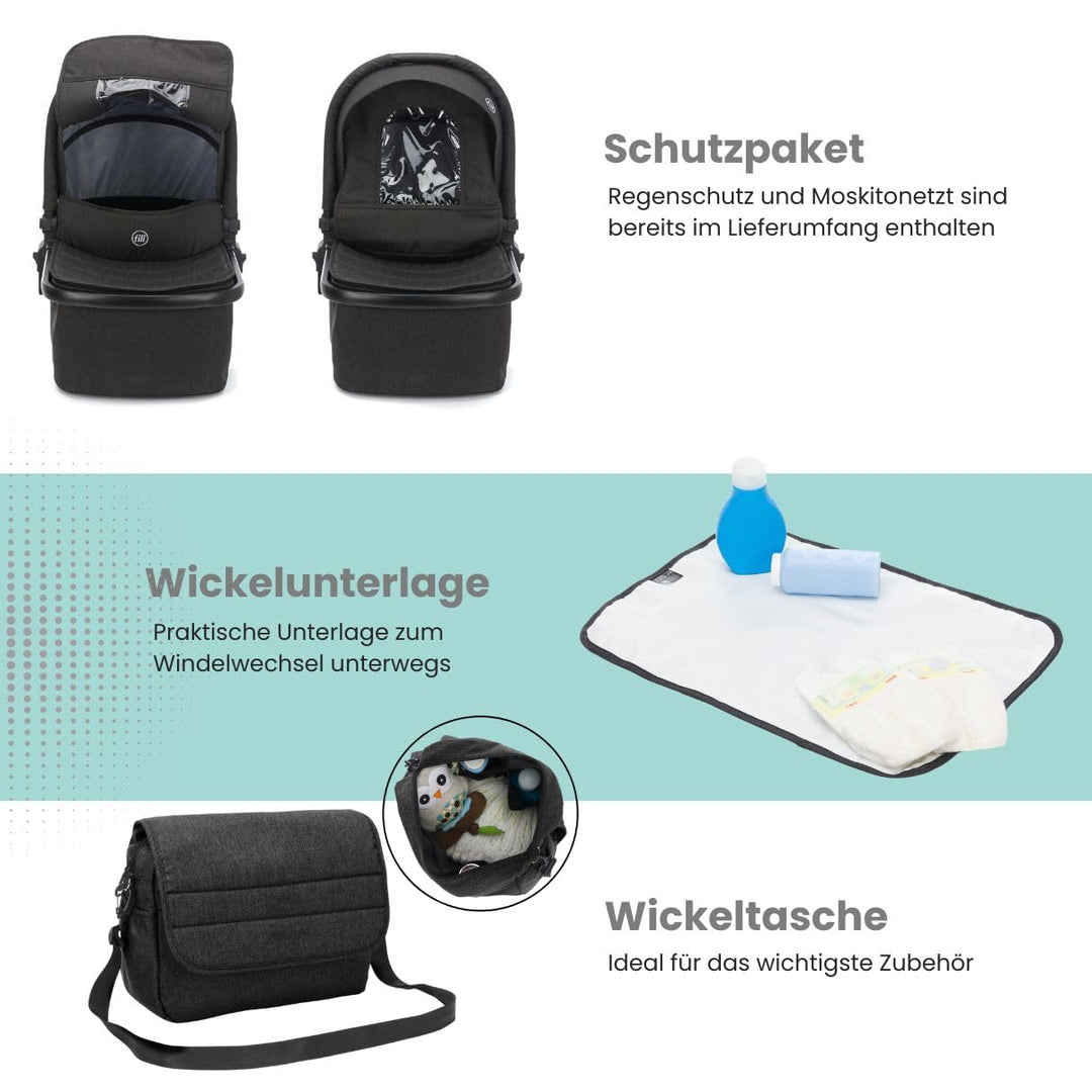 Fillikid 4-1 Kombi-Kinderwagen-Set Fill Jaguar mit Sportsitz, Babywanne mit Matratze, Babyschale, Wi