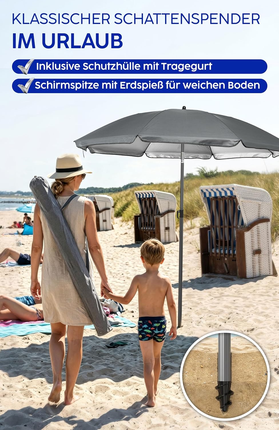4smile Strandschirm SunnyJoy, Ø 180 cm - UPF 50+ Sonnenschirm Strand mit Hülle, Sonnenschirm Balkon