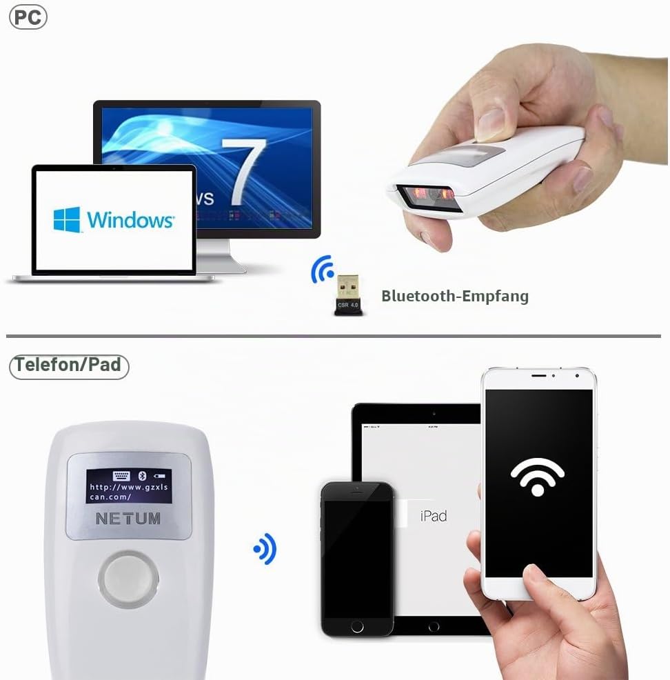 NETUM Bluetooth CCD Barcode Scanner Wireless | kabelloser CCD Handscanner/Handheld Lesegerät USB | p