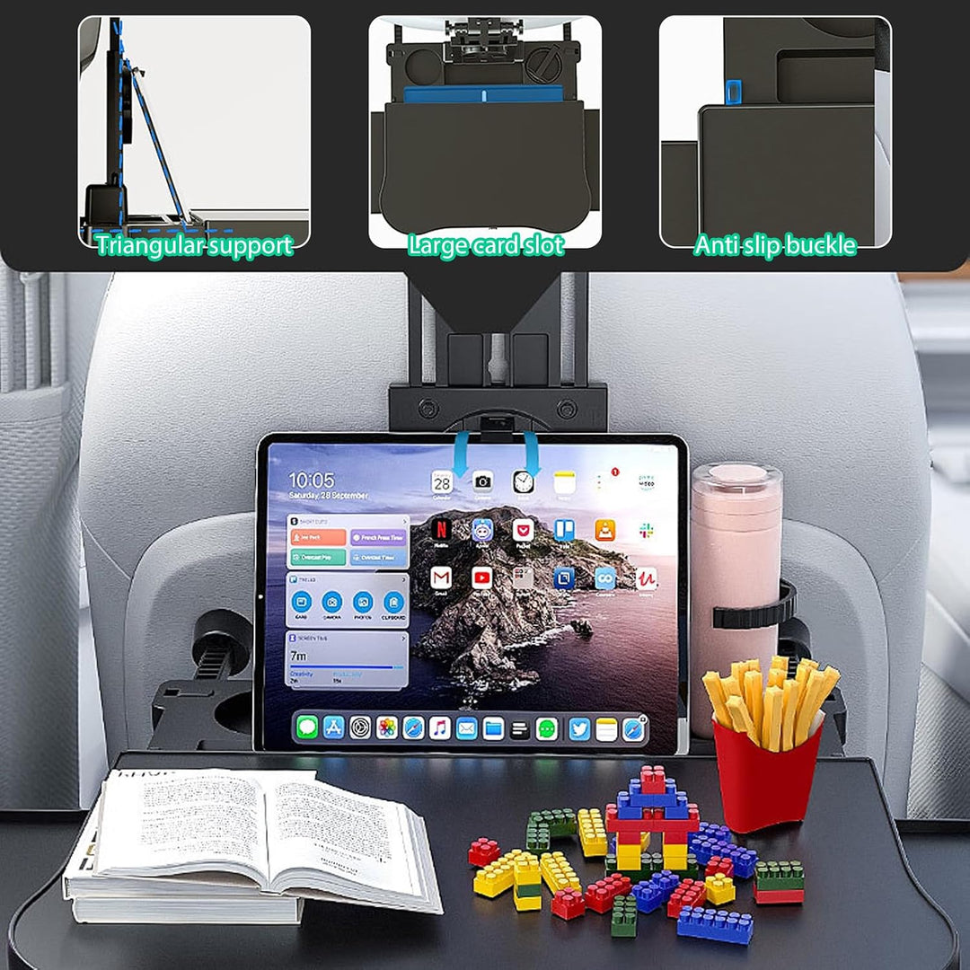 Tragbarer Autositz Tabletttisch, Auto Tisch für Rücksitz Beifahrer mit Getränkehalter und Handyhalte