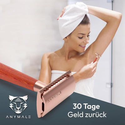 ANYMALE® Rasierhobel Rosegold aus Sandelholz - Damen Set inklusive 5 ASTRA Klingen - Plastikfreier R