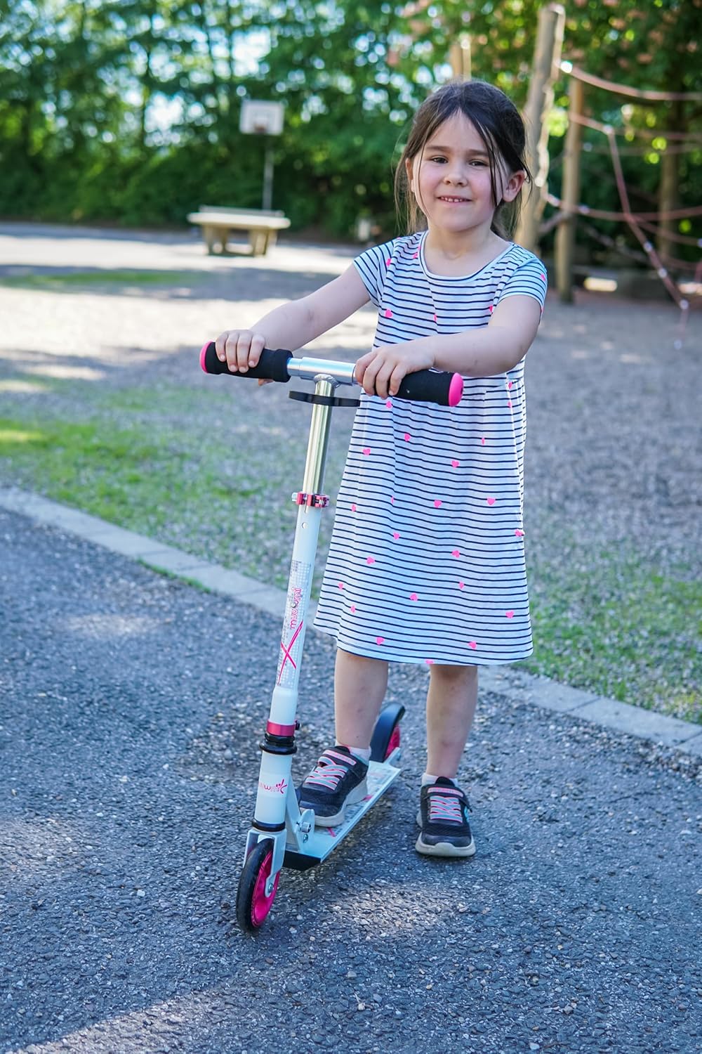 muuwmi Aluminium Scooter – Tretroller, 125 mm, ABEC 5, GS geprüft, höhenverstellbar weiss-pink, weis