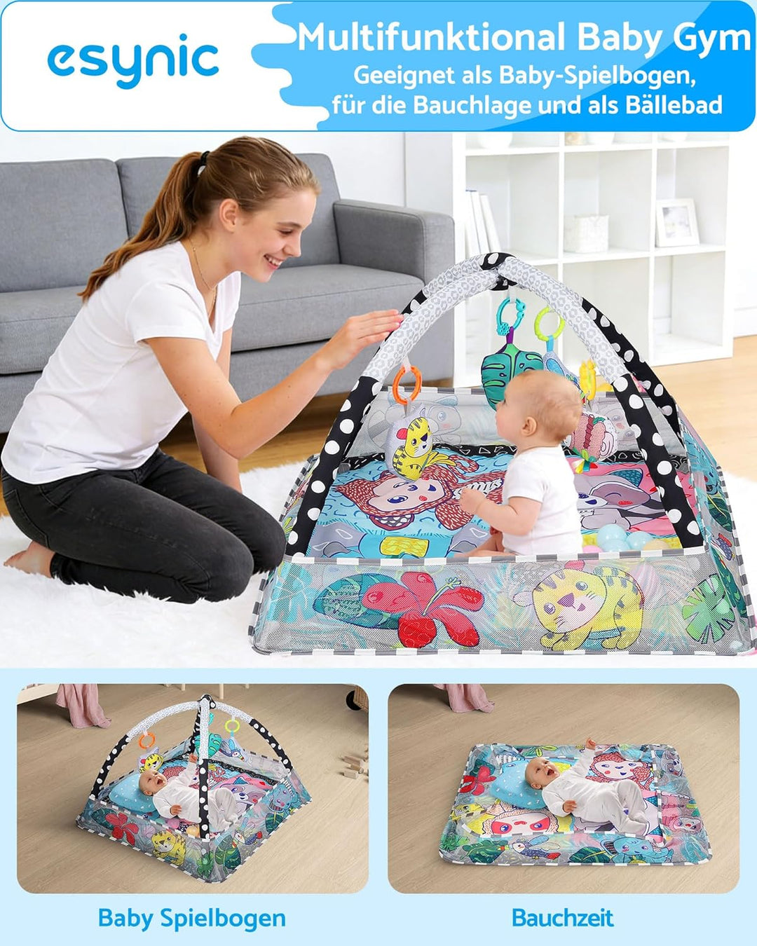 eSynic Baby Gym Spieldecke mit Spielbogen & Netz Baby Spielmatte für Bauchzeit 7-in-1 Krabbeldecke m