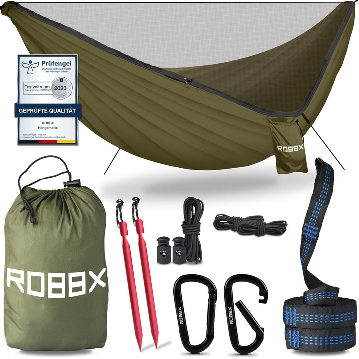 ROBBX® Hängematte Outdoor mit Moskitonetz für 2 Personen | 300kg Traglast | Doppelhängematte mit Bef
