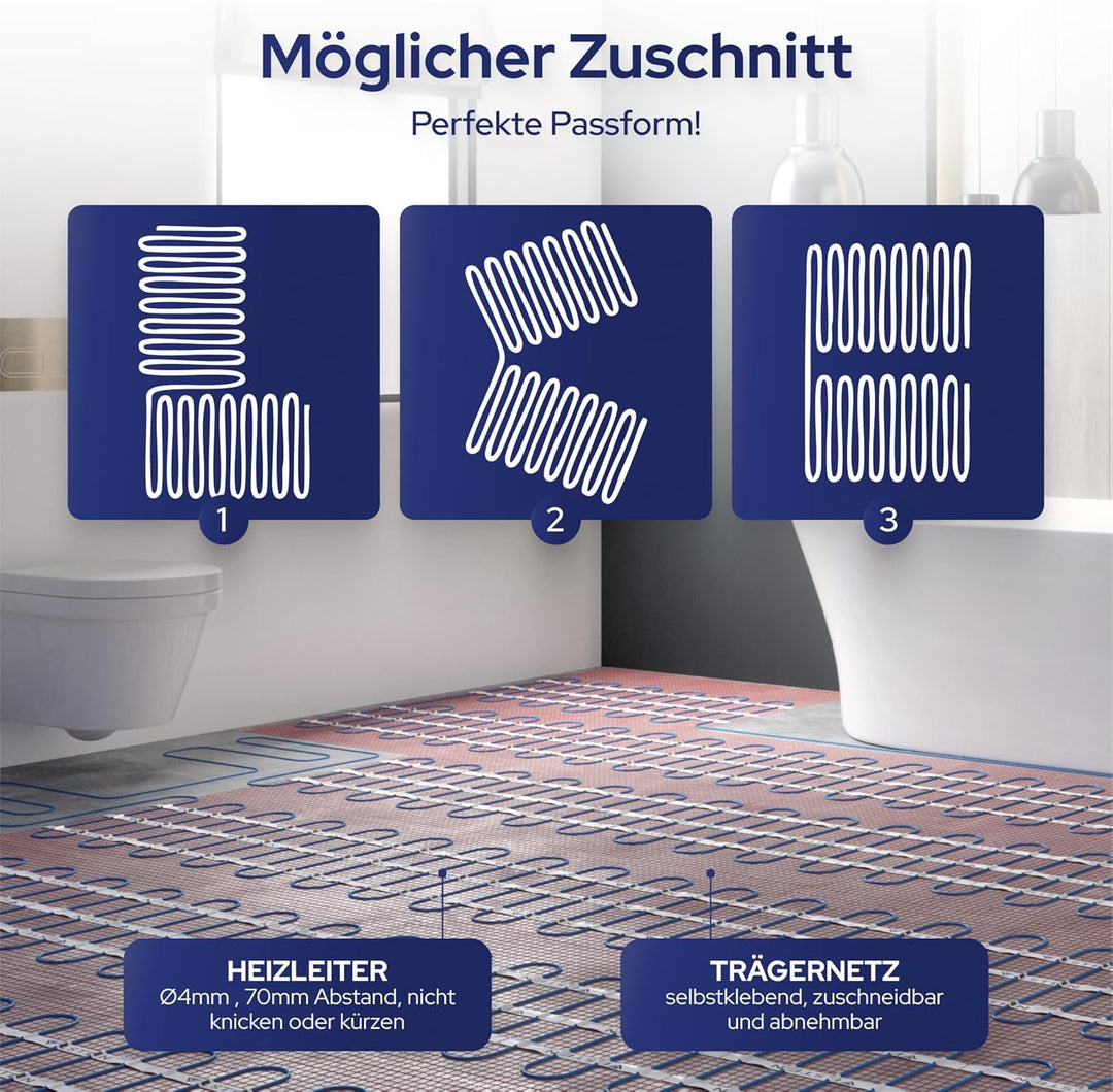 VILSTEIN Elektrische Fussbodenheizung 200W/m², für Fliesen Laminat und mehr, Komplett-Set, TWIN Tech