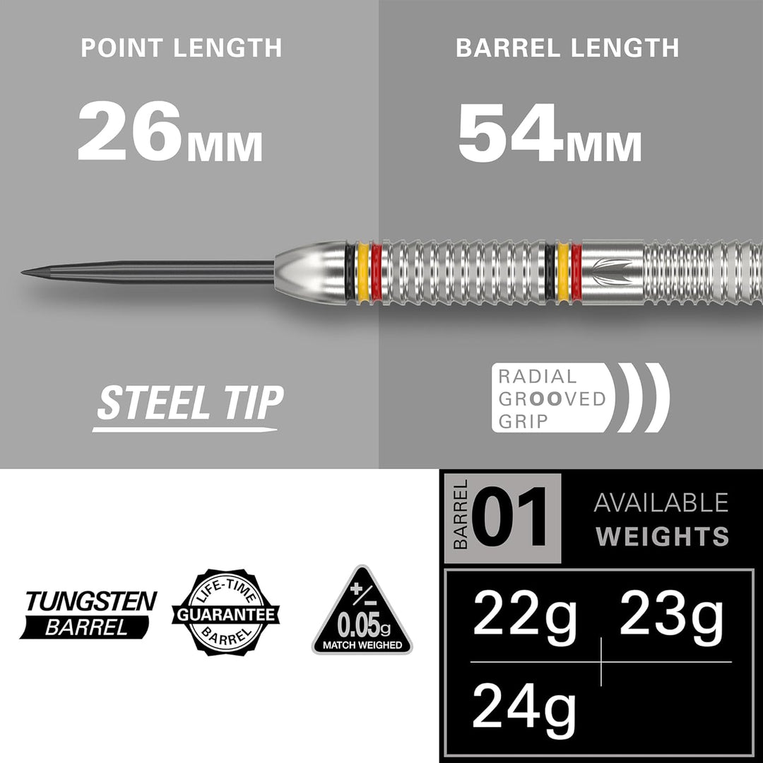 Target Darts Dimitri Van den Bergh 24G Tungsten Steeldart Set - 9 Pro Grip Shafts - 9 Pro Ultra Flig