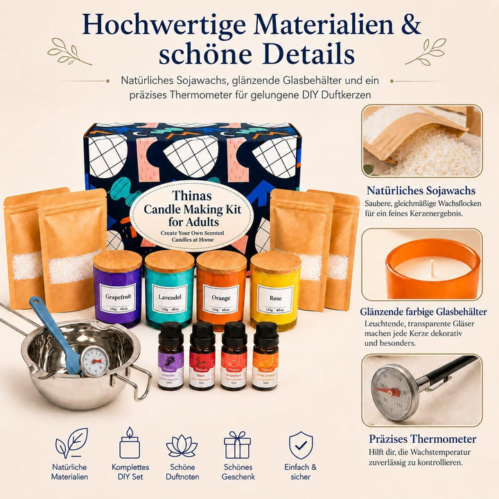Thinas Kerzen Selber Machen Set – Komplettes Candle Making Kit mit Sojawachs, 4 Gläsern mit Bambusde