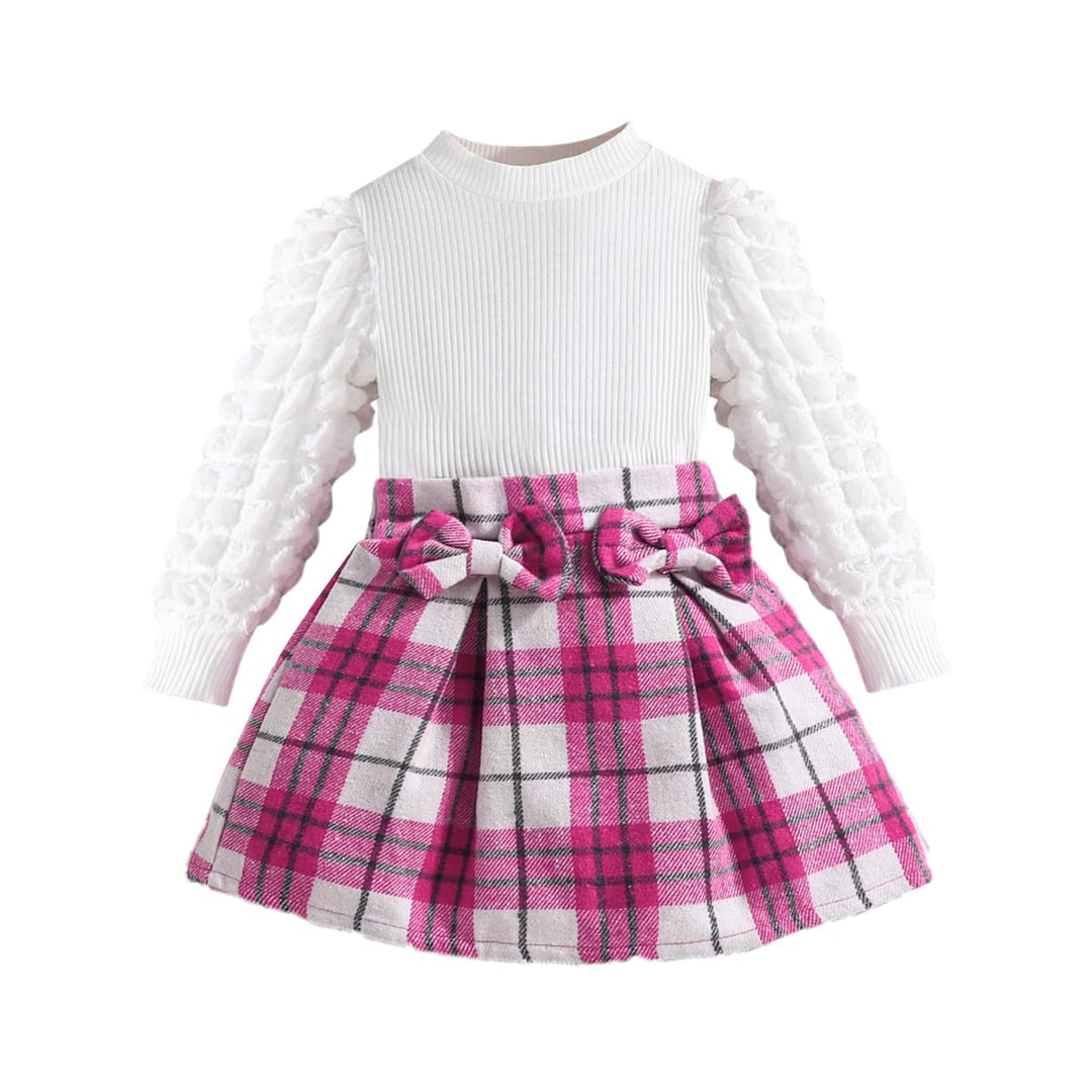 Kleinkind Mädchen Kleidung Puffärmel Langarm Gerippte Oberteile + Bowknot Plaid Mini Rock 2 Stück He