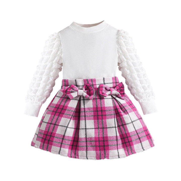 Kleinkind Mädchen Kleidung Puffärmel Langarm Gerippte Oberteile + Bowknot Plaid Mini Rock 2 Stück He