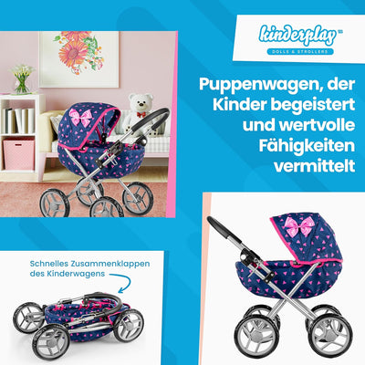 Kinderplay Puppenwagen ab 2, 3 Jahre Kinderwagen Spielzeug - Marineblaue, Puppenwagen Kombi, Leichte