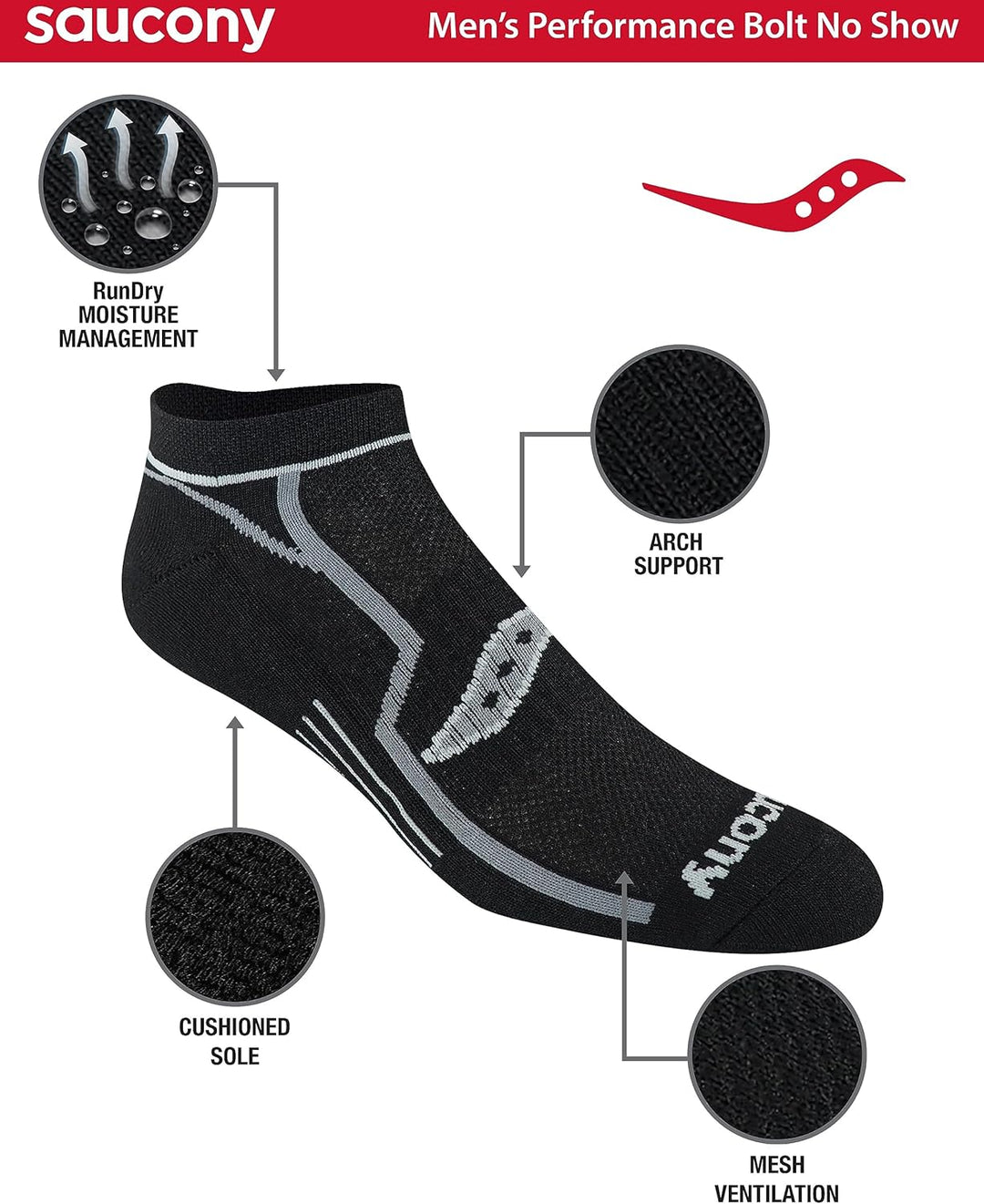 Saucony Herren Multipack Bolt Performance Comfort Fit No-Show Socken - grau