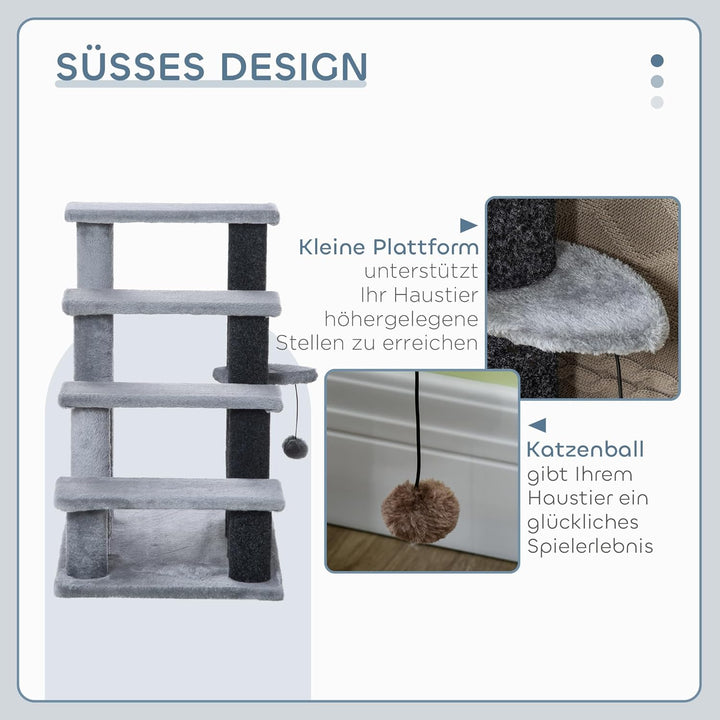 PawHut Haustiertreppe Katzentreppe mit Kratzbaum Ball 4-stufige Hundetreppe Tiertreppe Spanplatte Pl