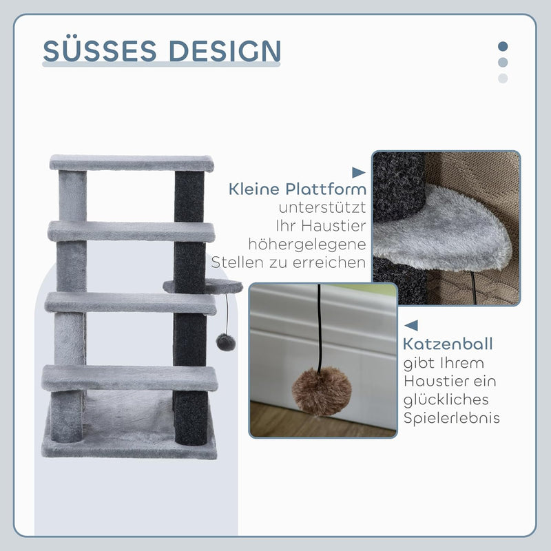 PawHut Haustiertreppe Katzentreppe mit Kratzbaum Ball 4-stufige Hundetreppe Tiertreppe Spanplatte Pl