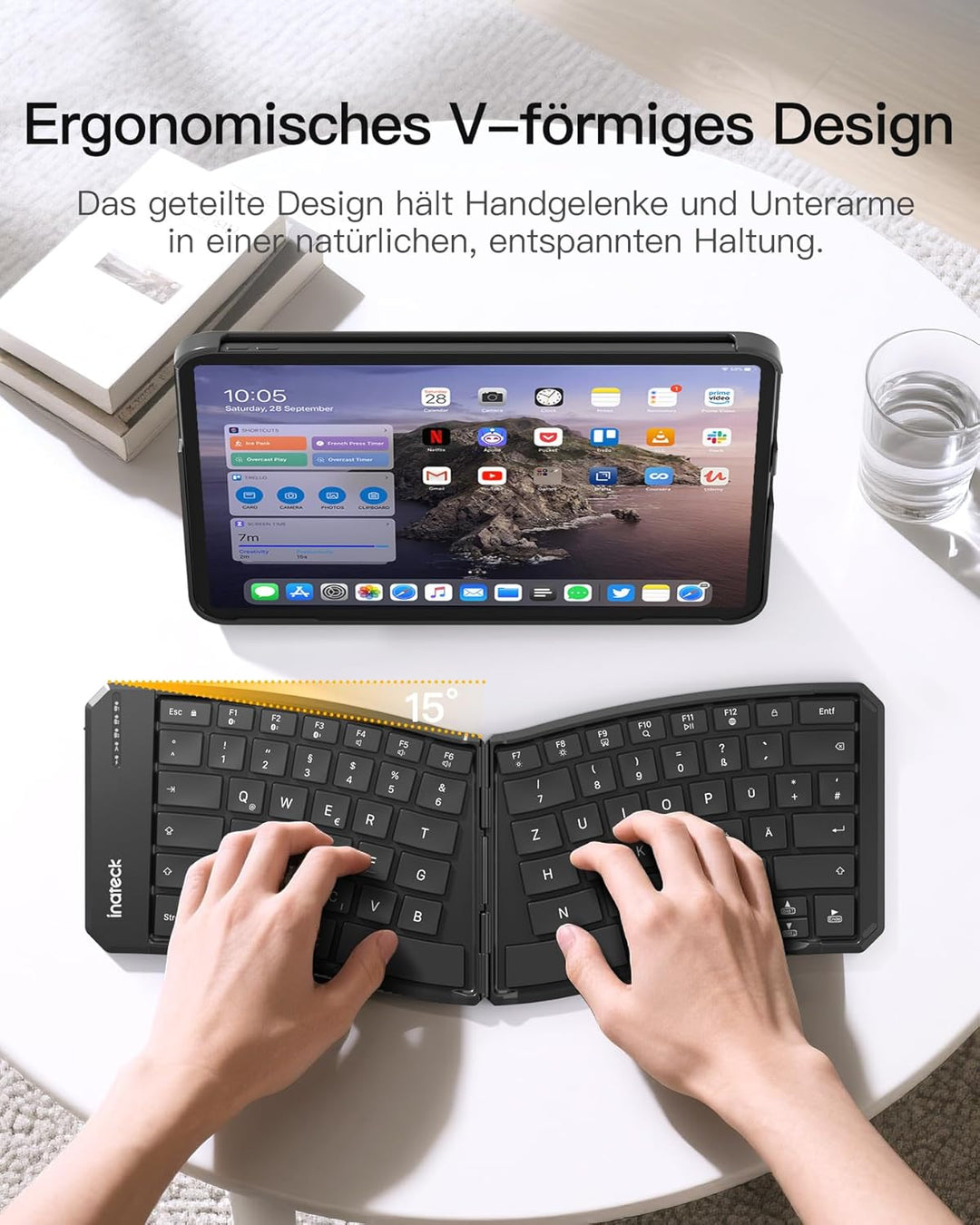 Inateck Faltbare Tastatur Ergonomische, Funktastatur Dual-Fold Magnetic QWERTZ,mit 3 BT,Mit Rückencl