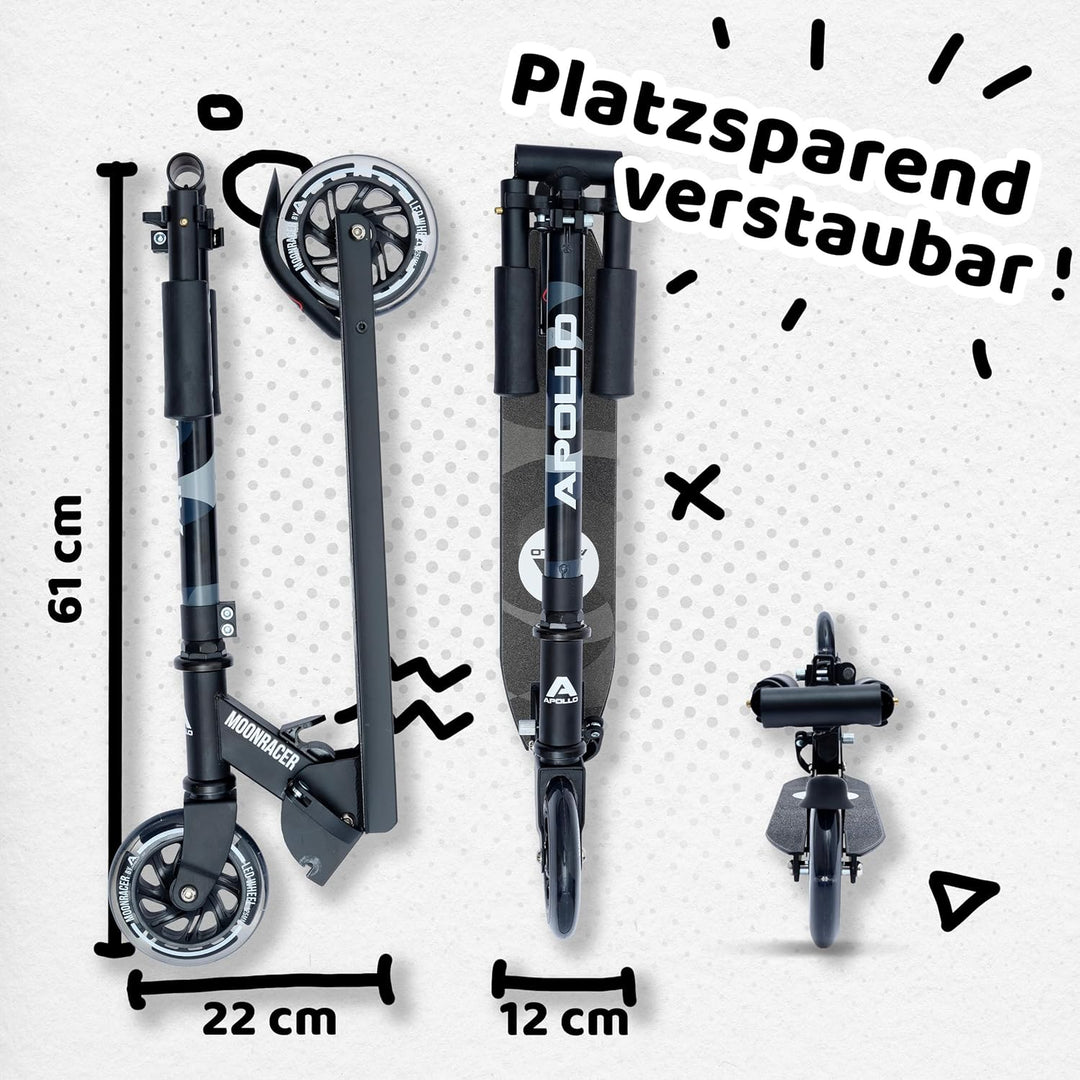 Apollo Scooter LED - Moonracer City Scooter mit Federung, Roller klappbar Tretroller Kinder ab 4 Jah