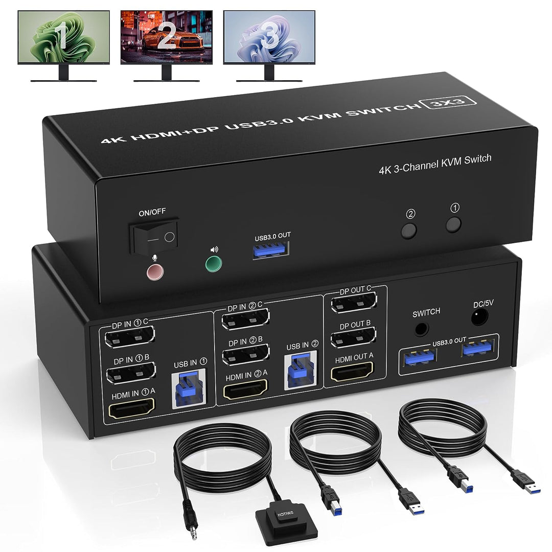 USB 3.0 HDMI + 2 DisplayPort KVM Switch 3 Monitore 2 Computer, 4K@60Hz Triple Monitor KVM Switch 2PC