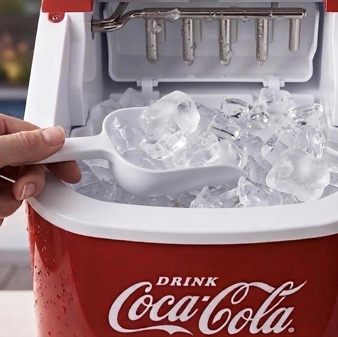 Salco Coca Cola Eiswürfelmaschine – Kompakter Eiswürfelbereiter mit 2 Eiswürfelgrössen, 10 kg Eis in