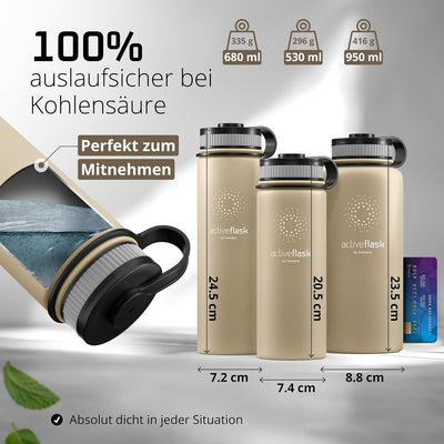 Trinkflasche Edelstahl ACTIVE FLASK + Strohhalm (3 Deckel) BPA-frei, Auslaufsicher, Kohlensäure geei