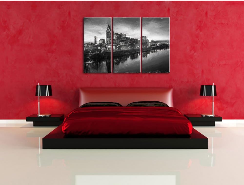 Pixxprint Nashville Skyline Panorama Kunst Kohle Effekt 3-Teiler Leinwandbild 120x80 Bild auf Leinwa