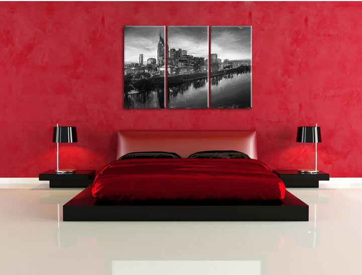 Pixxprint Nashville Skyline Panorama Kunst Kohle Effekt 3-Teiler Leinwandbild 120x80 Bild auf Leinwa