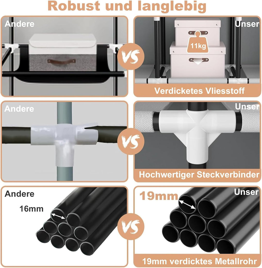 Kleiderschrank, Stoffschrank, Kleiderschränke mit Abdeckung, 3 Kleiderstangen, 6 Ablageflächen und S