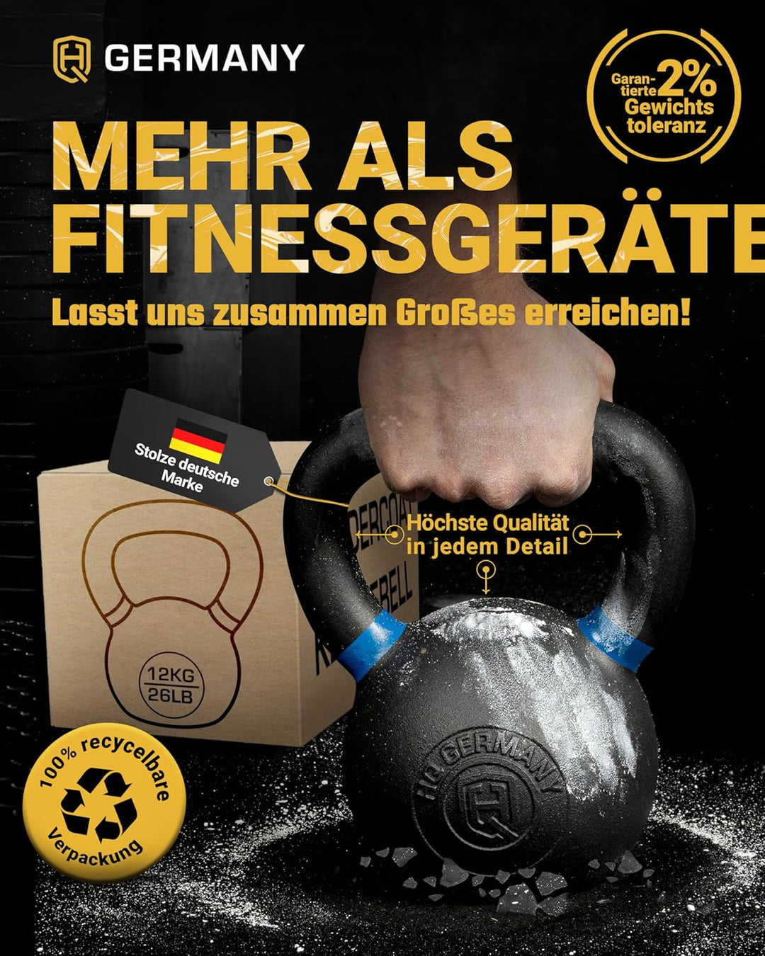 HQ Germany® Kettlebell Powdercoat [Pulverbeschichtung] - Kugelhantel 2-32kg | Vollguss ohne Schweiss