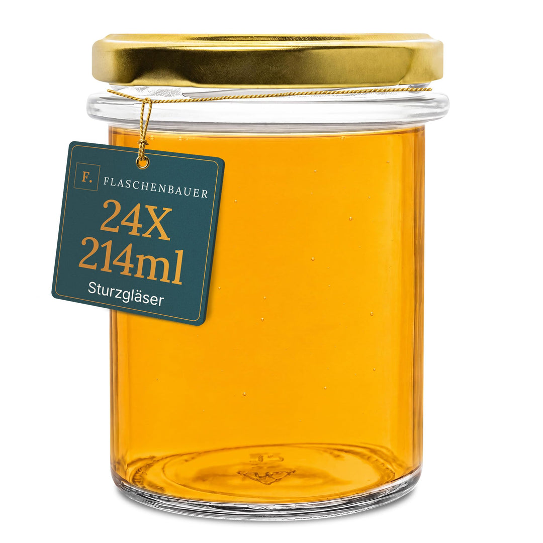 flaschenbauer.de 24er Set Sturzgläser 214 ml inkl. goldene Twist Off Deckel TO66 zum Einmachen von S