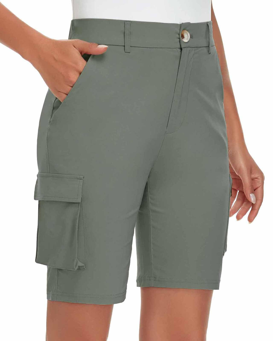 Soneven Stretch Damen Bermuda Shorts High Waist Leichte Cargo Shorts Wanderhose Kurz Zip Off mit Rei